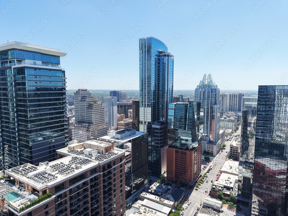 Fototapeta premium Beautiful Austin downtown with a stunning aerial drone view