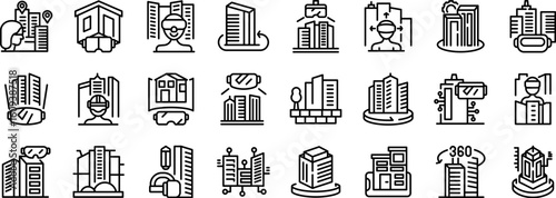 VR architecture icons set. Collection of linear icons depicting various urban buildings and structures