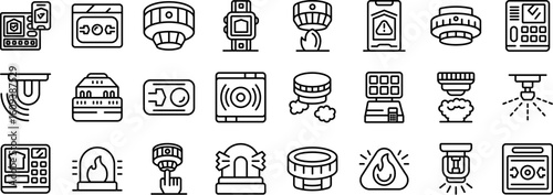 Fire alarm system icons set. Collection of fire safety and alarm system icons in a linear style