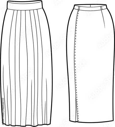 Fashion CAD sketch, pleated skirt, pencil skirt design, technical clothing layout, apparel drawing, stylish vector illustration, garment template, flat view