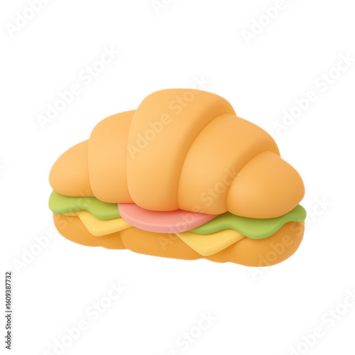 3d rendered croissant sandwich with ham cheese and lettuce isolated on transparent background
