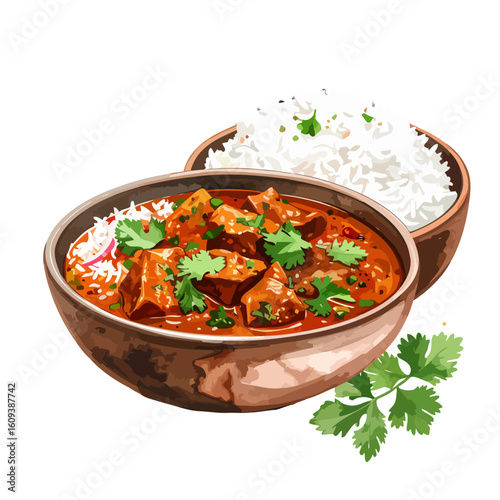 Vibrant Indian chicken curry with fluffy white rice in rustic bowls, garnished with fresh cilantro