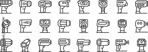 Speed radar gun icons set. Thermal scanner measuring temperature icons set outline vector. Digital thermometer. Electronic pyrometer