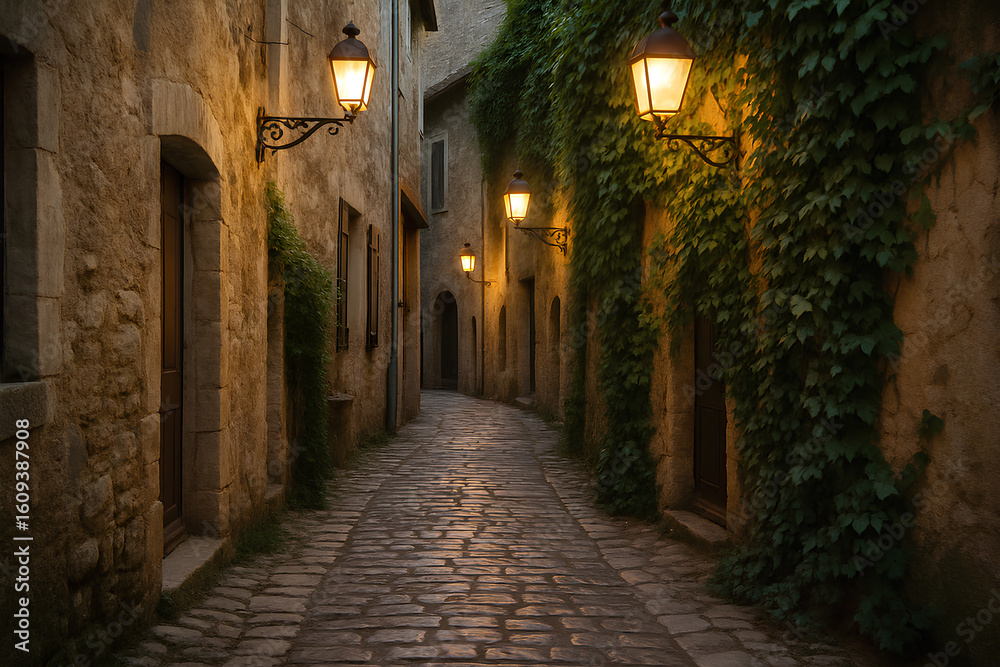 Fototapeta premium Charming narrow alley in a European village, lined with cobblestone paths, ivy-covered walls, and glowing lanterns at dusk