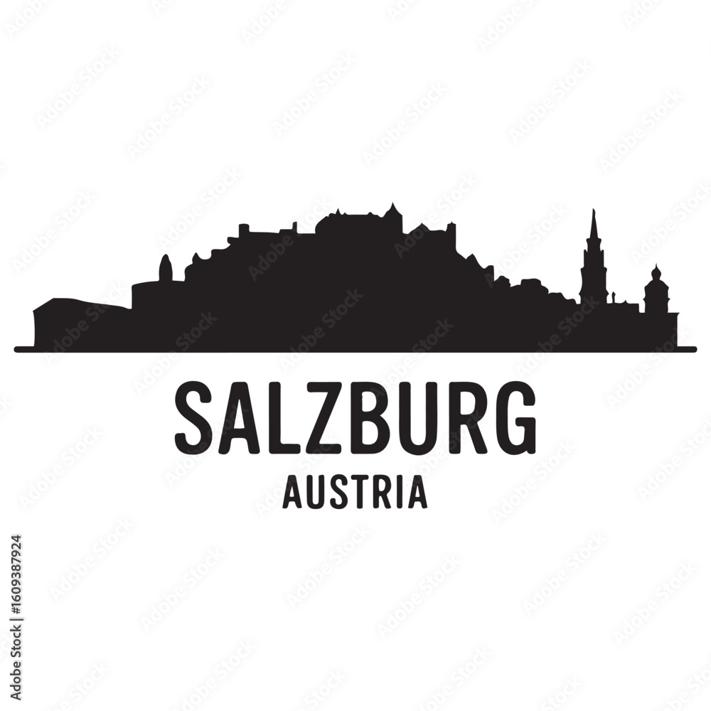 Obraz premium Salzburg skyline horizontal banner. Salzburg, Austria. Vector template for your design. Vector black silhouette. with white background