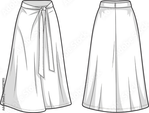 Long skirt fashion drawing, wrap skirt design with tie detail, CAD sketch, flat vector illustration, stylish garment template, apparel layout