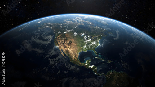 A stunning view of Earth from space, focusing on North America. The clear outline of the continent, surrounding oceans, and visible clouds create a vibrant, realistic space scene, with glowing stars i