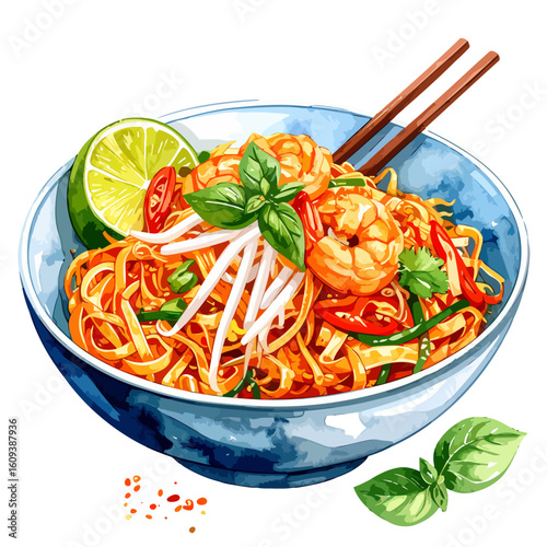 Delicious Pad Thai Noodles with Shrimp and Fresh Lime Garnish