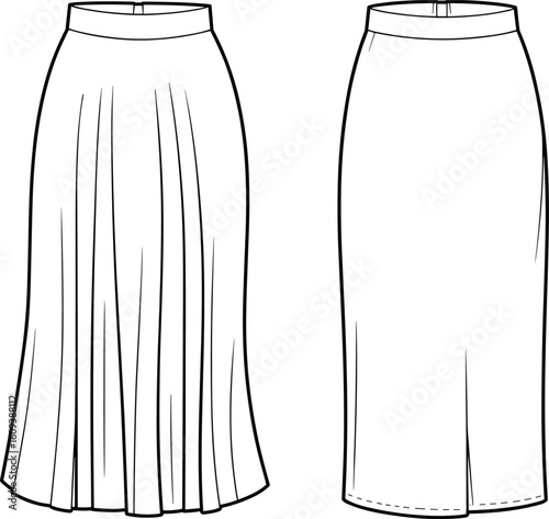 Pleated and pencil skirt fashion designs, technical garment CAD sketch, clothing template layout, vector flat illustration, apparel drawing, stylish look