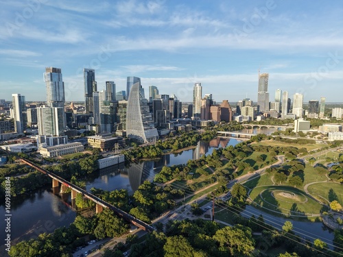 Beautiful Austin skyline during sunset with a stunning aerial drone view 