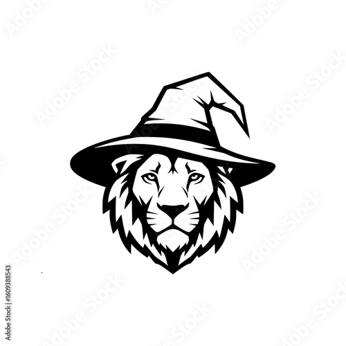 A mascot or logo illustration of a mighty lion's head wearing a wizard hat. 