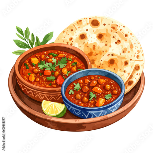 Illustrated Indian meal with chickpea curry in decorative bowls, served with flatbread.