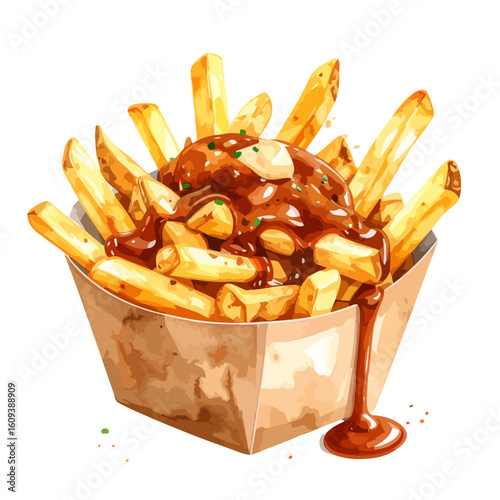 Delicious Poutine with Rich Gravy and Cheese Curds in a Cardboard Container