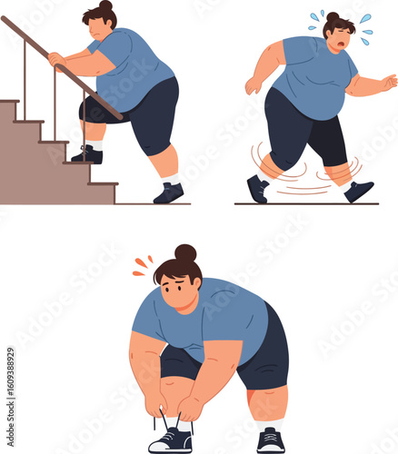 Overweight woman struggling with daily activities like stair climbing, walking, and tying shoelaces, highlighting physical limitations.