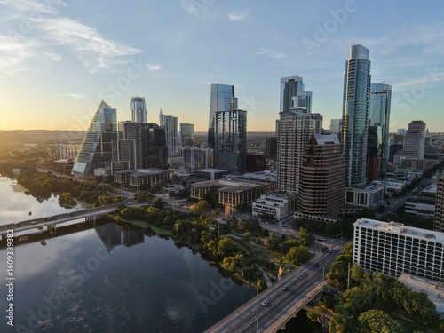Beautiful Austin skyline during sunset with a stunning aerial drone view 