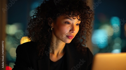 A close-up portrait of an Asian woman with curly hair and dressed in black, working on her laptop in the office at night, with soft lighting shining on her face, creating a cinematic atmosphere.