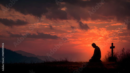 Man praying at cross silhouette at sunset seeking god faith and christianity hope and religion concept