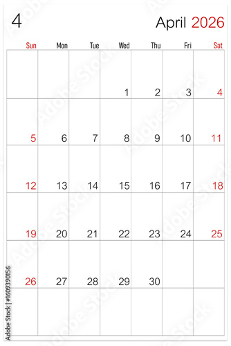 April 2026, calendar page isolated on white background, save clipping path.