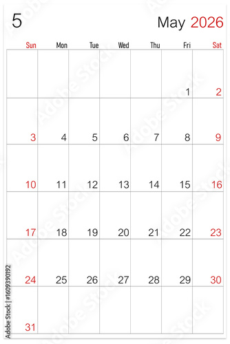 May 2026, calendar page isolated on white background, save clipping path.