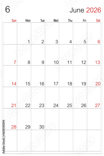 June 2026, calendar page isolated on white background, save clipping path.