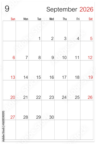 September 2026, calendar page isolated on white background, save clipping path.