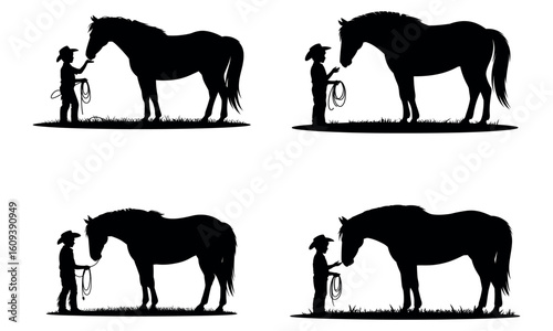 Silhouette of cowboy and horse standing together in bond and western ranch style
