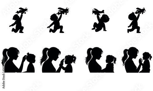 Silhouette of children playing with toys and mother caring in nurturing family moments
