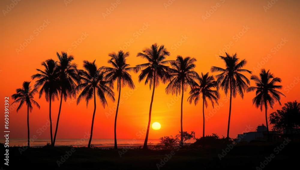 Obraz premium Silhouette of palm trees against vibrant orange sunset sky by the ocean, creating a tropical, serene, and picturesque coastal scene.
