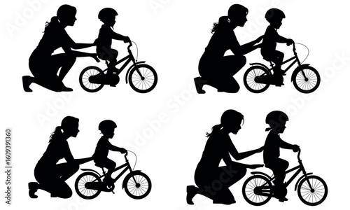 Silhouette of mother teaching child to ride bicycle representing parenting and support
