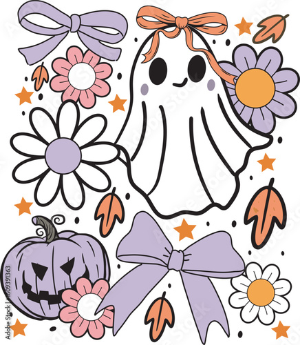 Preppy Halloween Ghost Boho Floral Coquette Halloween Fall T shirt Design