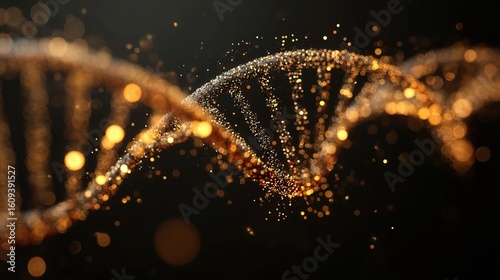 A glowing, abstract representation of a DNA double helix strand composed of golden particles on a dark background.