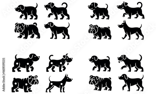 Silhouette collection of different dog breeds in various poses on white background
