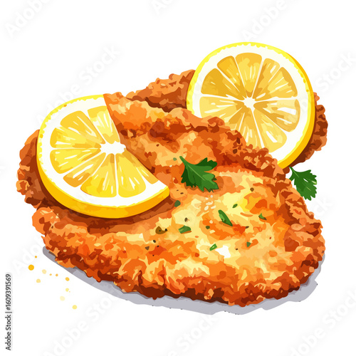 Crispy Breaded Schnitzel with Fresh Lemon Slices and Parsley Garnish