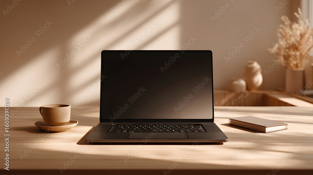 Fototapeta premium Modern workspace with a laptop, coffee mug, and books on a wooden desk in natural sunlight. Home office productivity and remote work setup