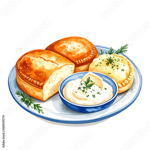 Watercolor Plate with Empanadas and Creamy Dip, Garnished with Herbs