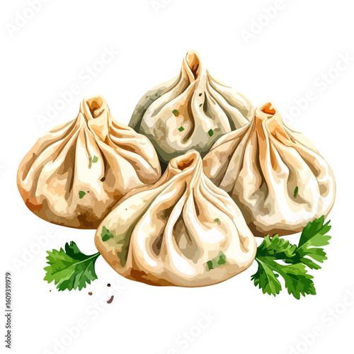 Four Steamed Khinkali Dumplings, Delicate Pleats, Light Beige Hue, Garnish of Fresh Cilantro