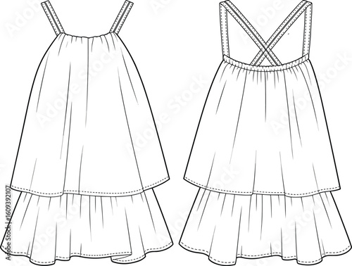  Fashion Flat Sketch of a Tiered Ruffle Dress with Criss-Cross Back Straps, Trendy Women's Apparel Design for Summer Collection, Digital Vector Illustration, Clothing Template, Adobe Stock