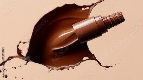 Dark brown liquid cosmetic product splashing and flowing, with a bottle