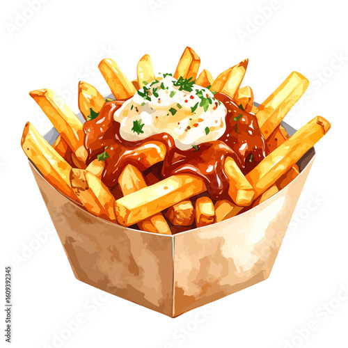 Delicious Watercolor Illustration of Poutine with Gravy, Cheese Curds, and Fries