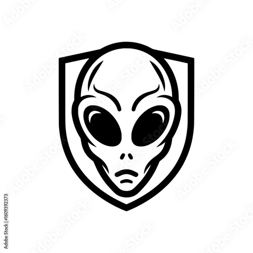 Greys Alien Head in Shield - Black and White Vector Illustration Logo