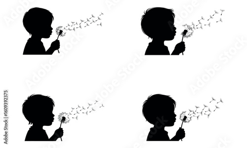 Silhouette of child blowing dandelion seeds representing wishes, childhood, and imagination
