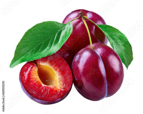 fresh plums with leaves isolated on transparent background.