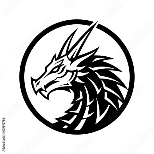 Black vector illustration of a mighty and fierce dragon head inside a circle.
