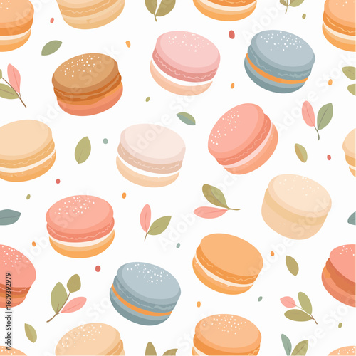 Charming Pattern of Colorful Macarons Surrounded by Delicate Leaves Set Against a Soft White Background