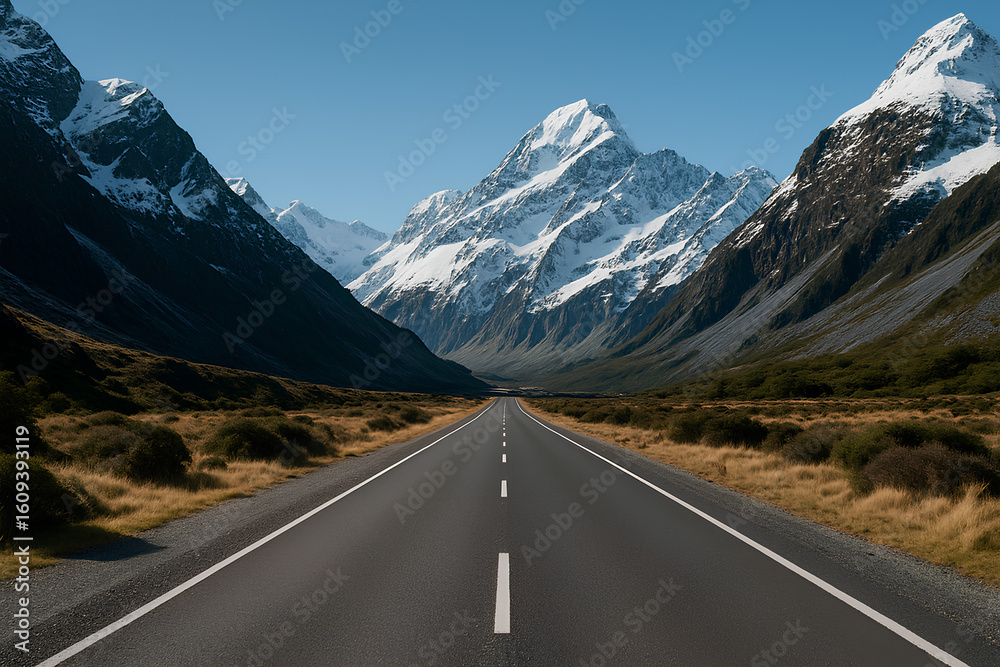 Naklejka premium Endless Road Through Snow-Covered Mountain Pass on a Clear Day with Majestic Peaks