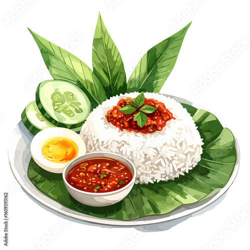 Nasi Lemak Illustration: Rice, Sambal, Egg, Cucumber, and Banana Leaf