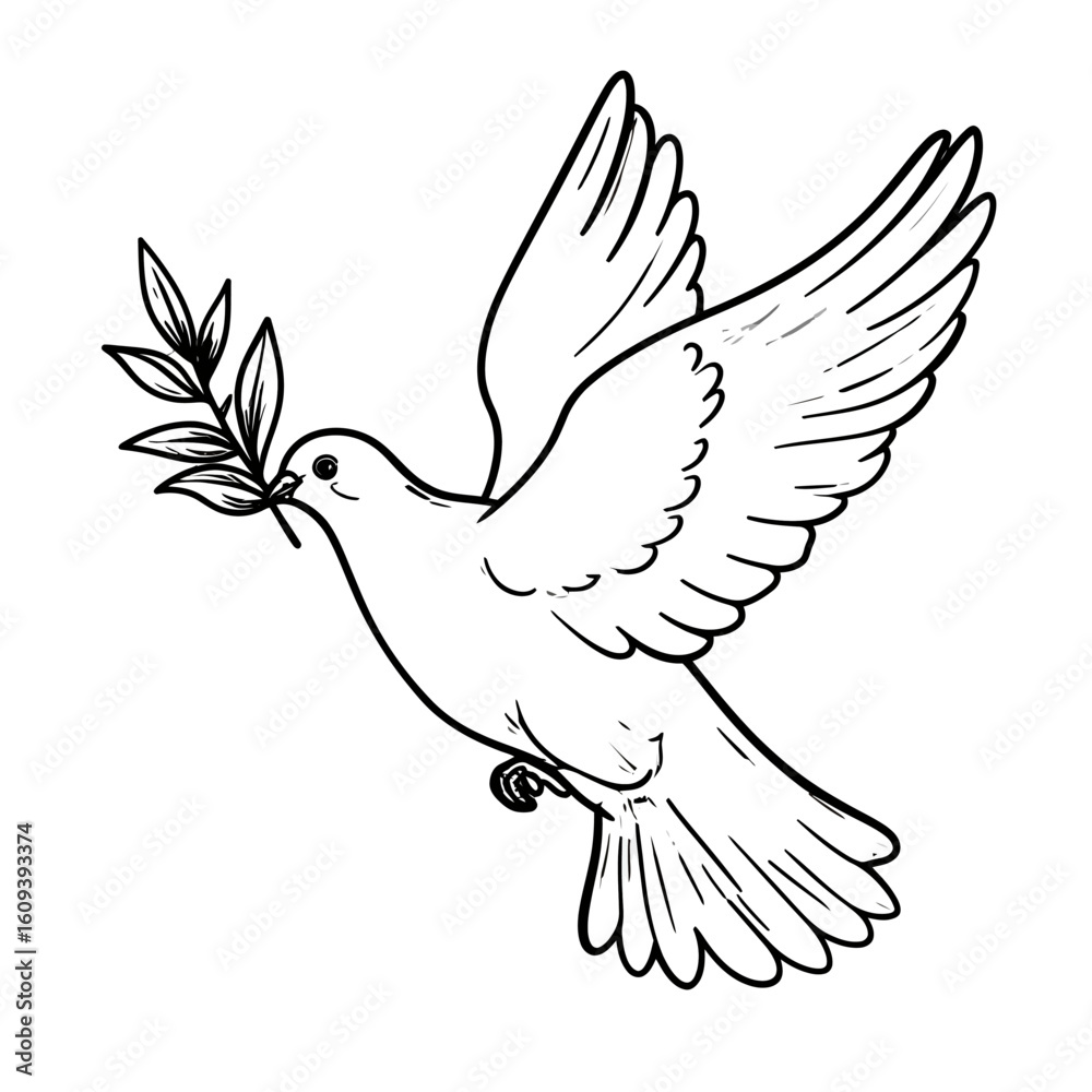 Obraz premium Elegant Line Art Dove in Flight, Carrying Olive Branch