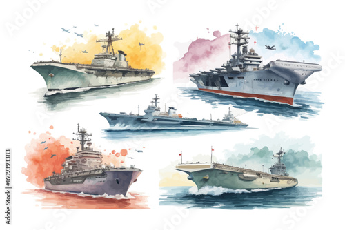 set of watercolor Aircraft Carrier vector illustration isolated on white background