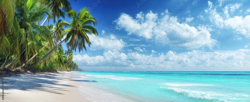 Obraz premium The pristine beach with swaying palm trees and clear blue ocean waves.