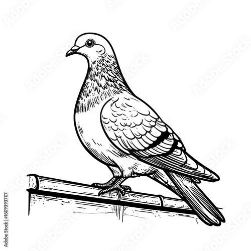 Detailed Black and White Illustration of a Pigeon Perched on a Branch